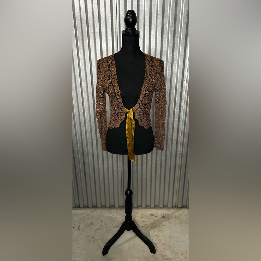 Women’s Betsy Johnson Brown Mesh Long Sleeve Designer Cardigan Sweater Medium
